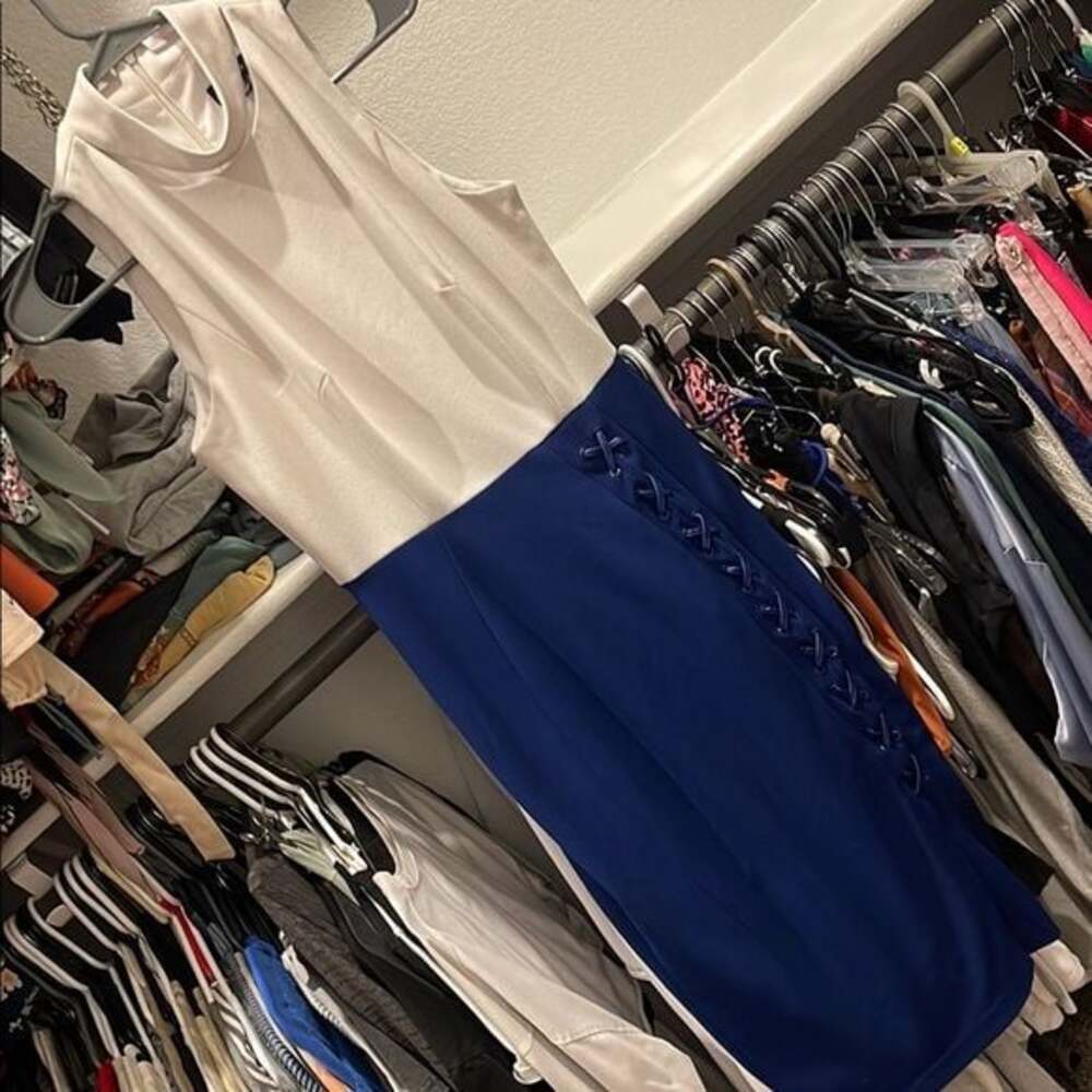 Jax Blue Sheath Midi Dress Mock Neck Sleeveless 46” Long Dress-SIZE 2